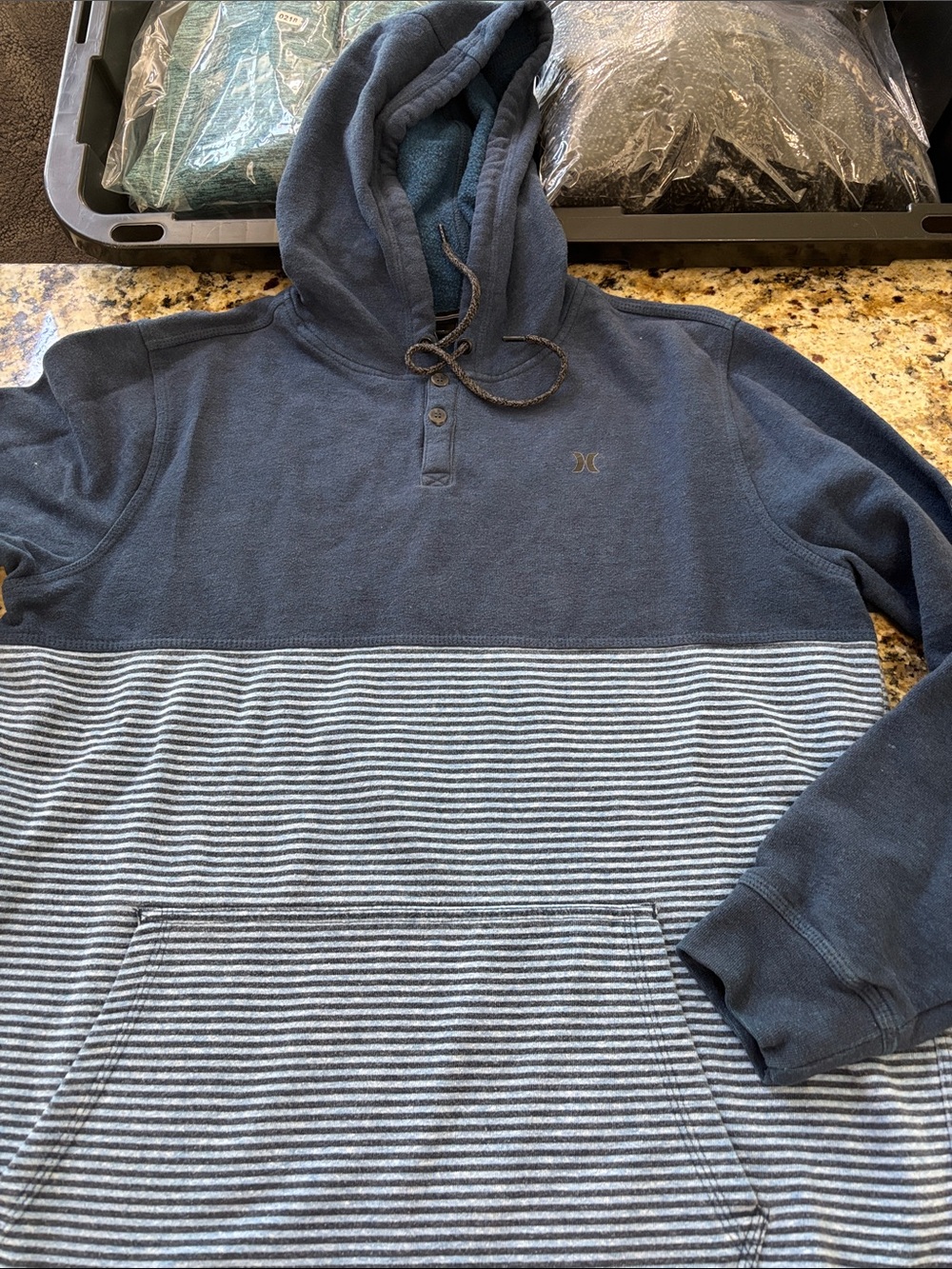 Hurley Navy and Light Blue Striped Hooded Pullover